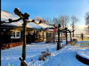 een sneeuwbedekte tuin met een huis met een hek bij B&B De Oase in Bergambacht