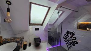 a bathroom with a glass shower and a sink at Urocze Gniazdko pod Tatrami in Ratułów