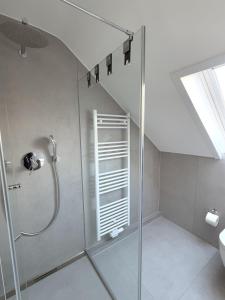 un bagno con doccia con porta in vetro di Helles & Modernes Apartment in Heilbronn a Heilbronn