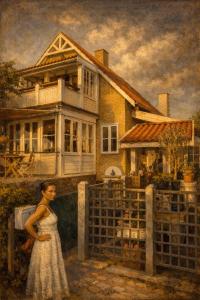 een schilderij van een vrouw die voor een huis staat bij Villa Wiegand - a room with a view in Holbæk