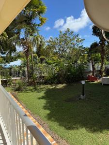 a yard with palm trees and a white fence at Repaire des Alizés in Le Moule