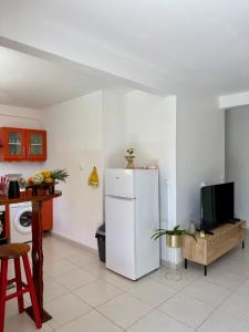 a kitchen with a white refrigerator and a tv at Repaire des Alizés in Le Moule