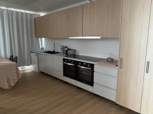 a kitchen with white cabinets and a black appliance at Bela vista AL in Paredes de Coura