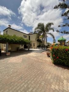 a building with a palm tree and a courtyard at Villa Prestige avec piscine in Tamaris