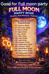 un volantino per una festa della luna piena con un cartello di Haadrin Fellini Hostel & Pizzeria a Haad Rin