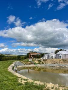 a view of a farm with tents and a pond at Transylvania WINE in Turda