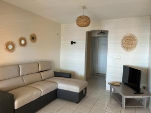 a living room with a couch and a television at Milles Eclats in Les Anses-dʼArlets