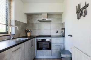 a kitchen with a sink and a stove at 6 - Persoons Forest 193 Bungalow in Ewijk +32 photos