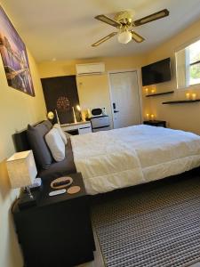 een slaapkamer met een groot bed en een bank bij Twin Pines Studios in Jacksonville