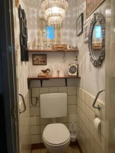 a bathroom with a white toilet and a chandelier at Het werkhuis, terug in de tijd in Uden +49 photos