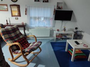 a living room with a chair and a table and a tv at Petra Kuća Apartmani Studio Divčibare Петра Кућа Апартмани Студио Дивчибаре in Divčibare