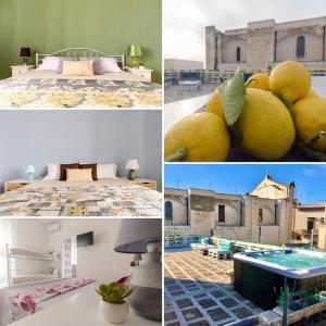 a collage of pictures of a hotel with a bed and a pool at Equinox house in Tuglie
