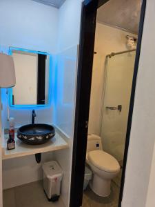 a bathroom with a sink and a toilet and a mirror at Cabaña Campestre Santa Helena in Choachí +71 photos