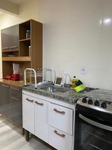 a kitchen with a sink and a stove at Espaço Parque das Gaivotas in Vila Velha +13 photos