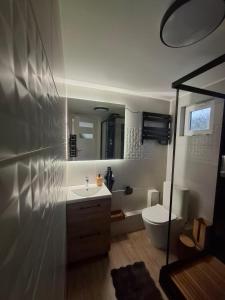 a bathroom with a white toilet and a sink at Wilczy Domek nad Witką in Wilka +10 photos