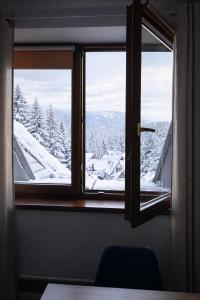 una finestra con vista su una montagna innevata di Kamzík Ski Apartment Donovaly - Apartmán 64 hneď pri zjazdovke a Donovaly