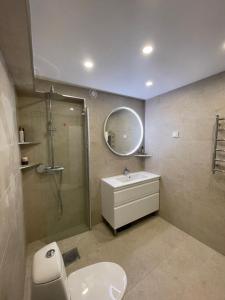 a bathroom with a shower and a toilet and a sink at Sunshine apartment in Stockholm +22 photos