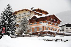 a house with a snow covered roof and trees at Dolasilla Park Hotel in Vigo di Fassa