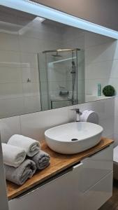 ein Badezimmer mit einem weißen Waschbecken und einem Spiegel in der Unterkunft Anpol Udany Wypoczynek in Inowrocław