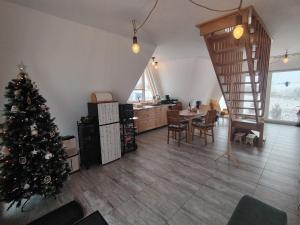 a living room with a christmas tree and a kitchen at Alloria in Şirnea