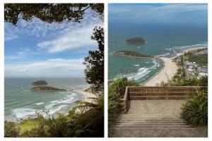 two pictures of a beach and a view of the ocean at Spacious, Breezy Studio Apartment, Moments from Downtown and Beach in Mount Maunganui