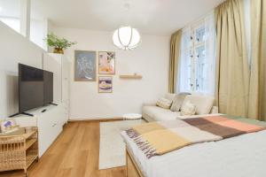 a living room with a bed and a couch at Olomouc Central Apartment in Olomouc