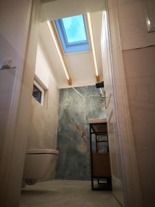 ein Badezimmer mit Toilette und Dachfenster in der Unterkunft Dat Seehuus in Rheinsberg + 45 Fotos