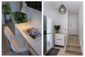 two images of a room with a desk and a hallway at Spacious, Breezy Studio Apartment, Moments from Downtown and Beach in Mount Maunganui +14 photos