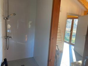 a bathroom with a shower with a toilet and a window at Maison familiale in Vars +21 photos