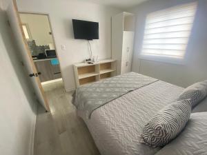 a bedroom with a bed and a television and a window at casa reñaca sector jardín del mar in Viña del Mar