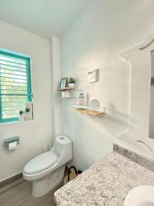 een witte badkamer met een toilet en een raam bij La Dolce Vita Beachfront Apt 2 in Las Terrenas