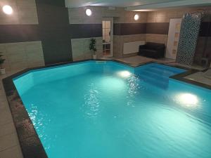 a large pool with blue water in a building at Penzion U Halířů in Mladé Buky