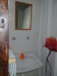 a bathroom with a red bird standing next to a sink at Diani Tembo One Bedroom in Mombasa