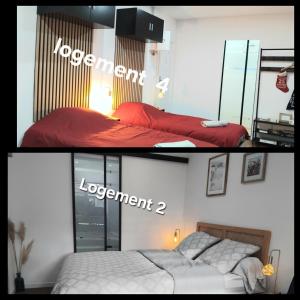 due foto di una camera da letto con un letto e le parole covenantlezlezlezlevard di Appartement 4 ou 2 Parking Wifi Terrasse cosy a Condé-sur-Sarthe