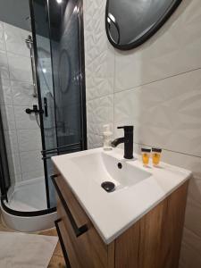 a bathroom with a sink and a shower at AM apartments 6 Szczecin City Center Wyzwolenia in Szczecin +17 photos