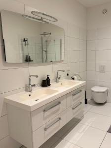 a white bathroom with a sink and a toilet at Waldquartier Erzgebirge in Thermalbad Wiesenbad