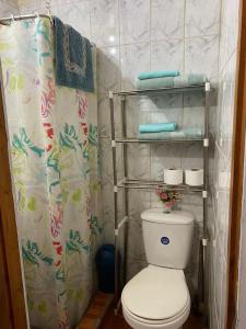 a small bathroom with a toilet and towels at Cabañas Casa Blanca in Valdivia
