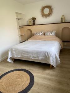 a bedroom with a large bed and a mirror at Chez Aurel et Nico in Frélinghien