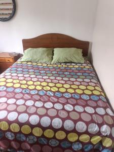 a bed with a colorful comforter in a bedroom at MyE in Frutillar