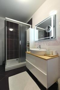 een badkamer met een wastafel en een spiegel en een douche bij EnVi Apartments in Murter