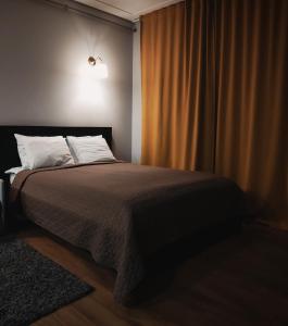 een slaapkamer met een bed en een gordijn en een lamp bij Old Slabada Apartments in Kaunas