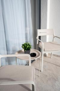 a room with two chairs and a table with a plant on it at Felicita Deluxe Apartments with Free Parking in Sarajevo