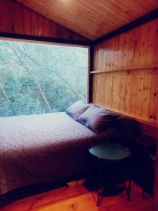 a bed in a room with a large window at Bosque Venado de Oro in Guatavita