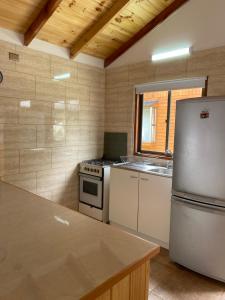 a kitchen with a stainless steel refrigerator and a sink at cabañas walls 2 in Pucón