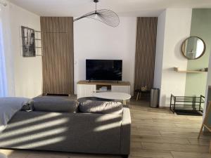 a living room with a couch and a tv at Dom & Val in Tournan-en-Brie