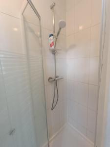 a bathroom with a shower with a glass door at T2 Cosy 20 min Paris in Bezons