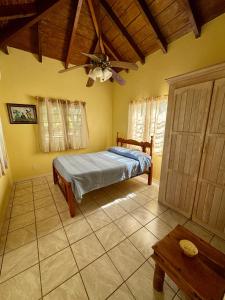 a bedroom with a bed and a ceiling fan at Cotton Heights Guest House in Nevis
