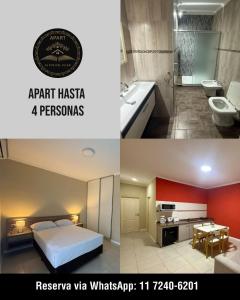 two pictures of a hotel room with a bed and a bathroom at Apart Altos Del Pilar in Pilar +25 photos
