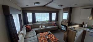 a living room with a dog laying on a couch at BZ Green Haven Caravan in Ballantrae