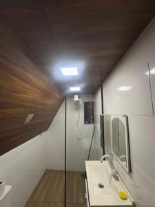 a bathroom with a shower and a sink and a mirror at In concept chalé completo in Duque de Caxias +24 photos